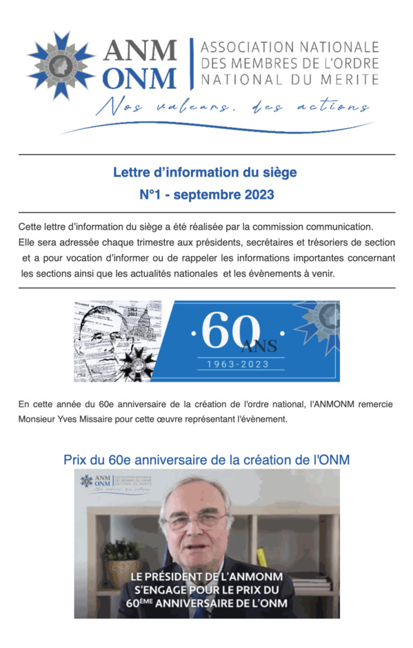 Lettre d'information du siège N°1 - septembre 2023 Lettre d'information du siège N°1 - septembre 2023