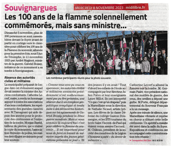 5 novembre 2023 - Souvignargues - Un village gardois célèbre le père de la Flamme du souvenir 5 novembre 2023 - Souvignargues - Un village gardois célèbre le père de la Flamme du souvenir