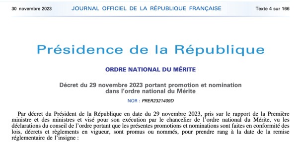 Décret du 29 novembre 2023 portant promotion et nomination dans l’ordre national du Mérite Décret du 29 novembre 2023 portant promotion et nomination dans l’ordre national du Mérite