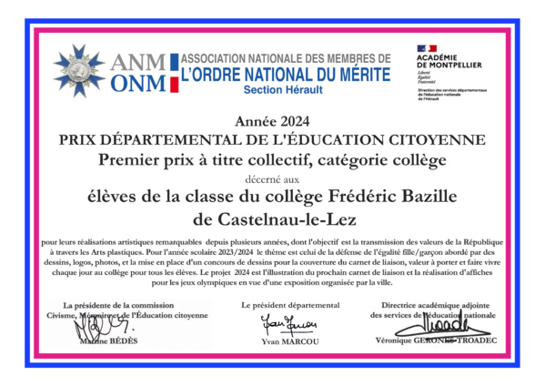 Premier prix départemental de l'Éducation citoyenne 2024 - Collège Premier prix départemental de l'Éducation citoyenne 2024 - Collège