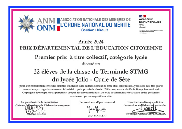 Premier prix départemental de l'Éducation citoyenne 2024 - Lycée Premier prix départemental de l'Éducation citoyenne 2024 - Lycée