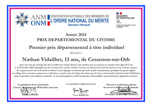 Le premier prix départemental du Civisme pour la Jeunesse 2024 à titre individuel Le premier prix départemental du Civisme pour la Jeunesse 2024 à titre individuel