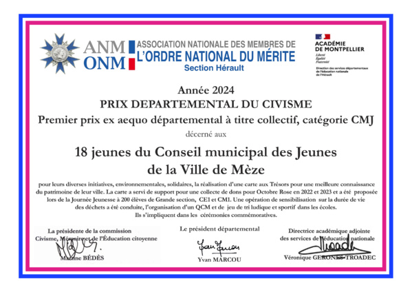 Premier prix ex aequo départemental du civisme 2024 pour la Jeunesse à titre collectif, catégorie CMJ Premier prix ex aequo départemental du civisme 2024 pour la Jeunesse à titre collectif, catégorie CMJ
