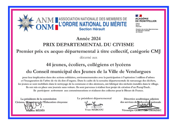 Premier prix ex aequo départemental du civisme 2024 pour la Jeunesse à titre collectif, catégorie CMJ Premier prix ex aequo départemental du civisme 2024 pour la Jeunesse à titre collectif, catégorie CMJ
