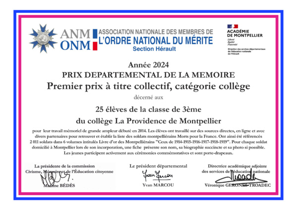 Premier prix départemental de la Mémoire 2024 pour la Jeunesse à titre collectif - catégorie collège Premier prix départemental de la Mémoire 2024 pour la Jeunesse à titre collectif - catégorie collège