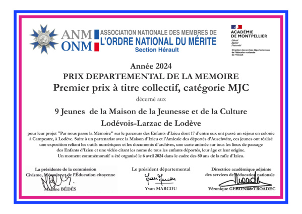 Premier prix départemental de la Mémoire 2024 pour la Jeunesse à titre collectif - catégorie MJC Premier prix départemental de la Mémoire 2024 pour la Jeunesse à titre collectif - catégorie MJC