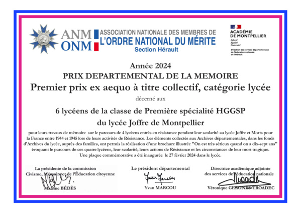 Premier prix ex aequo départemental de la Mémoire 2024 pour la Jeunesse à titre collectif - catégorie lycée Premier prix ex aequo départemental de la Mémoire 2024 pour la Jeunesse à titre collectif - catégorie lycée