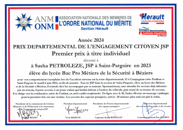 Premier prix départemental de l’engagement citoyen JSP 2024 - à titre individuel Premier prix départemental de l’engagement citoyen JSP 2024 - à titre individuel