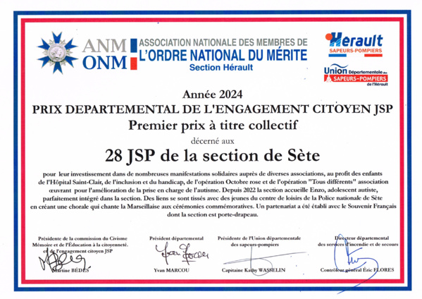 Premier prix départemental de l’engagement citoyen JSP 2024 - à titre collectif Premier prix départemental de l’engagement citoyen JSP 2024 - à titre collectif