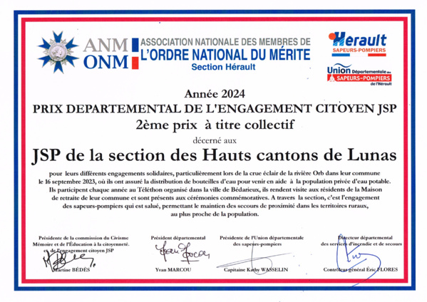 Deuxième prix départemental de l’engagement citoyen JSP 2024 - à titre collectif Deuxième prix départemental de l’engagement citoyen JSP 2024 - à titre collectif