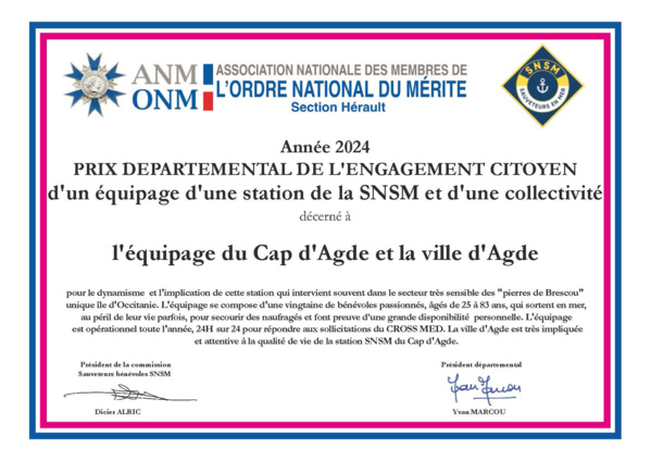 Prix de l'Engagement citoyen 2024 d'une collectivité d'un équipage d'une station de la SNSM et de la collectivité Prix de l'Engagement citoyen 2024 d'une collectivité d'un équipage d'une station de la SNSM et de la collectivité