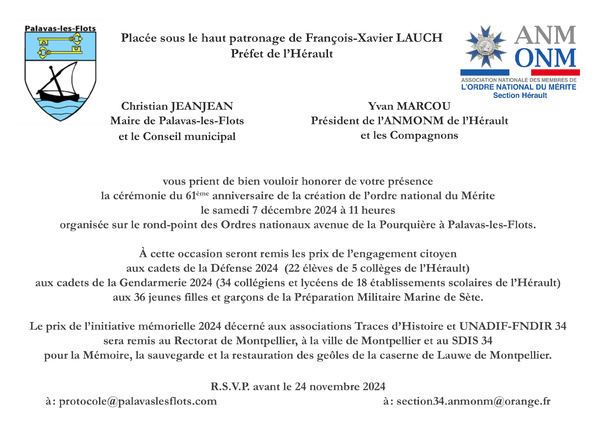 Samedi 7 décembre 2024 - Palavas-les-Flots - 61° anniversaire de la création de l'ordre national du Mérite avec remise de prix Samedi 7 décembre 2024 - Palavas-les-Flots - 61° anniversaire de la création de l'ordre national du Mérite avec remise de prix