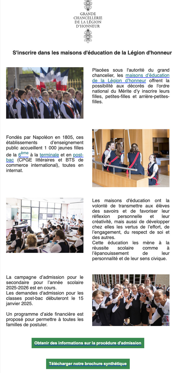 S'inscrire dans les maisons d'éducation de la Légion d'honneur. S'inscrire dans les maisons d'éducation de la Légion d'honneur.