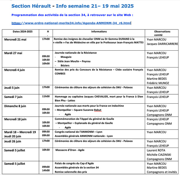 ANMONM 34 - Info semaine 21 - 2025