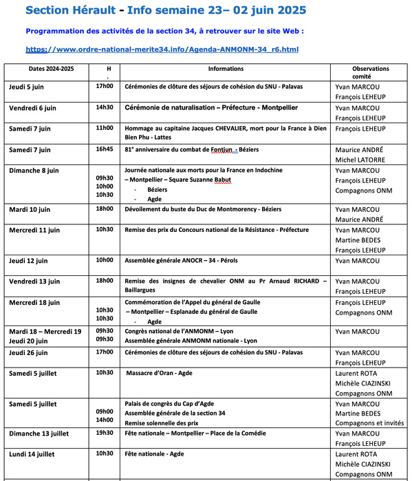 ANMONM 34 - Info semaine 23 - 2025