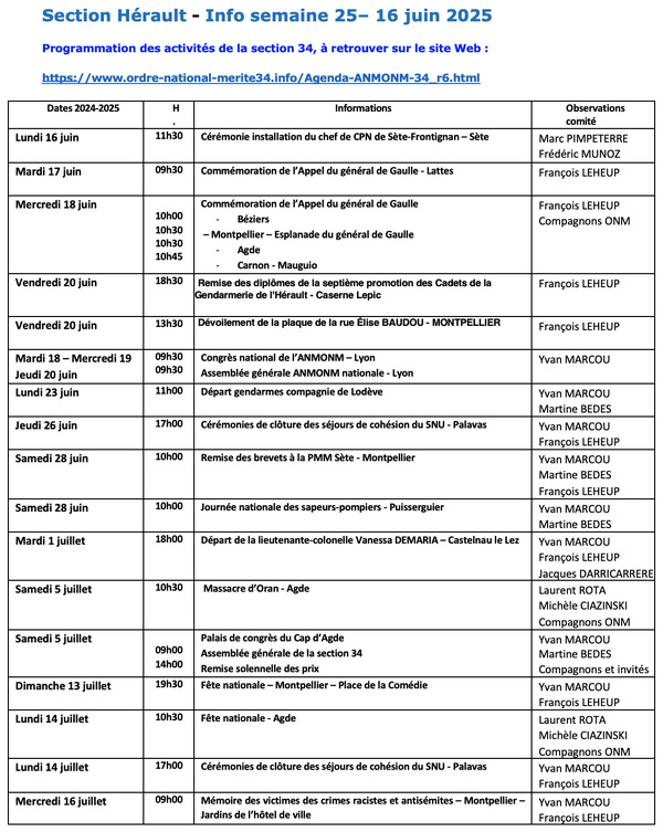 ANMONM 34 - Info semaine 25 - 2025