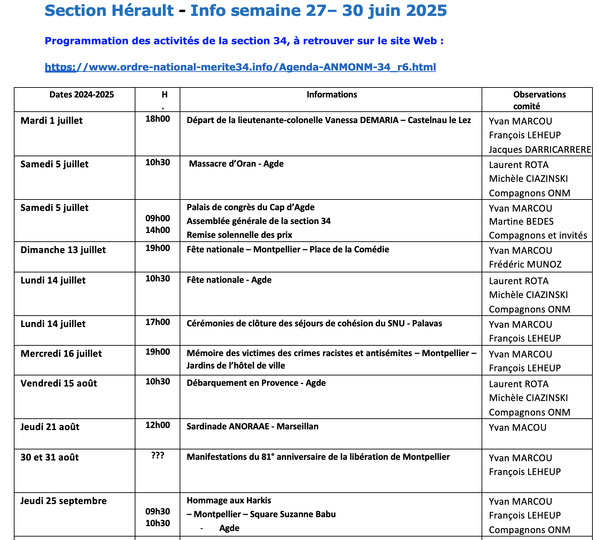 ANMONM 34 - Info semaine 27 - 2025