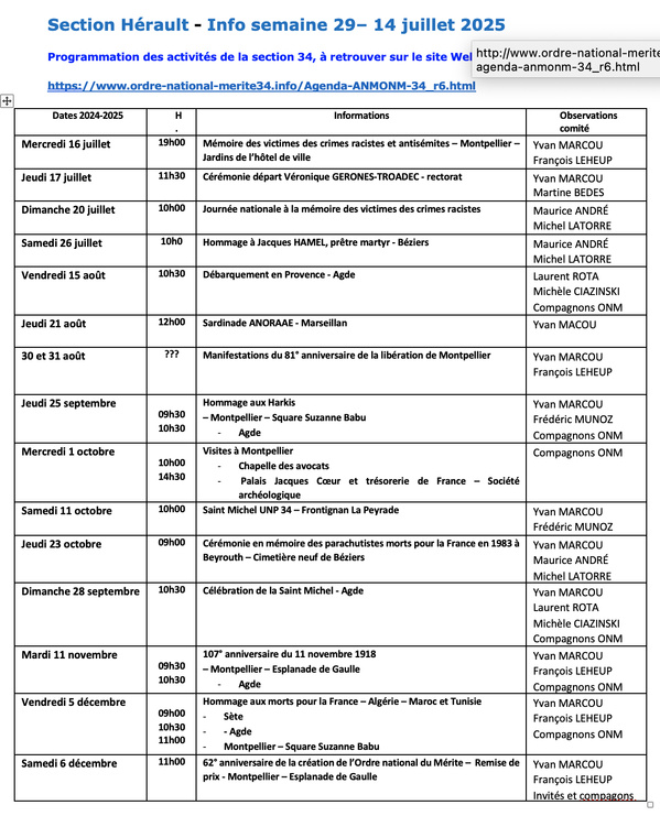 ANMONM 34 - Info semaine 29 - 2025