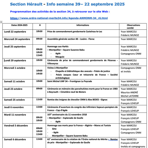 ANMONM 34 - Info semaine 39 - 2025