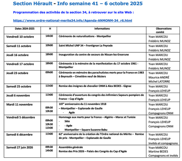 ANMONM 34 - Info semaine 41 - 2025