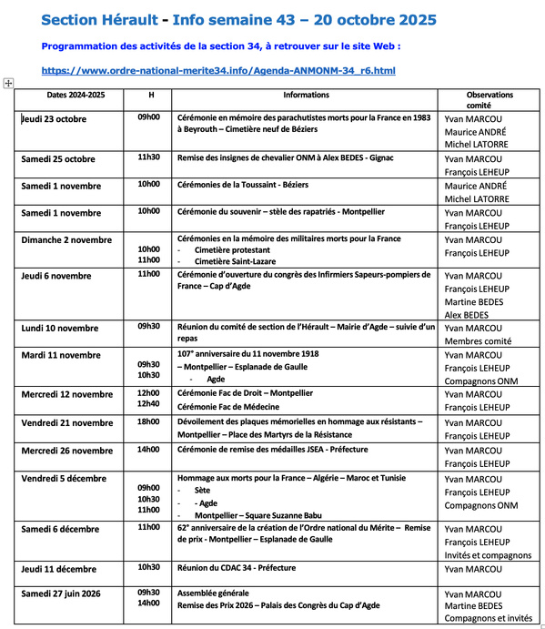 ANMONM 34 - Info semaine 43 - 2025
