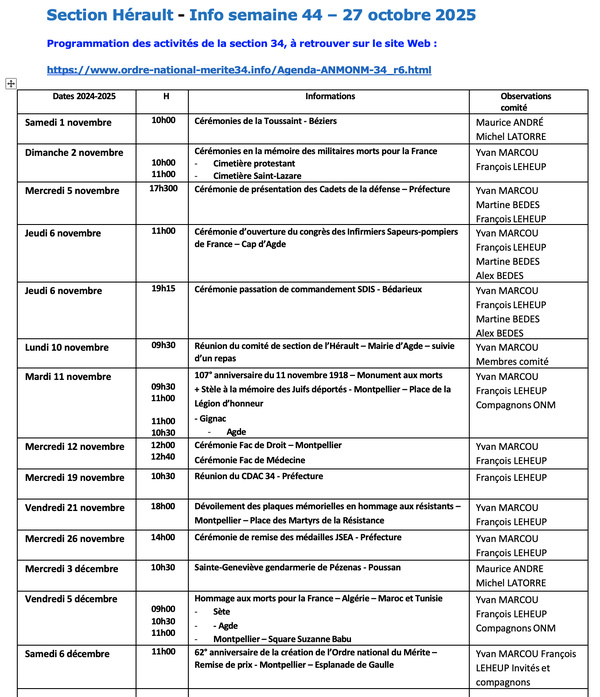 ANMONM 34 - info semaine 44 - 2025