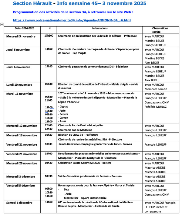 ANMONM 34 - Info semaine 45 - 2025