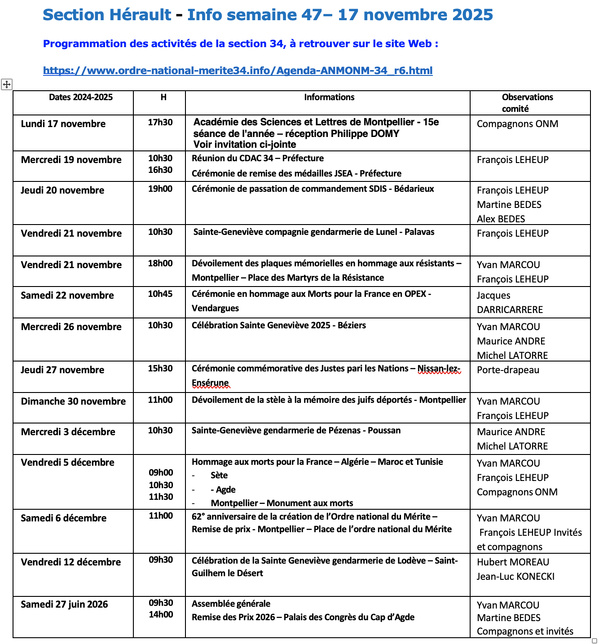 ANMONM 34 - Info semaine 47 - 2025