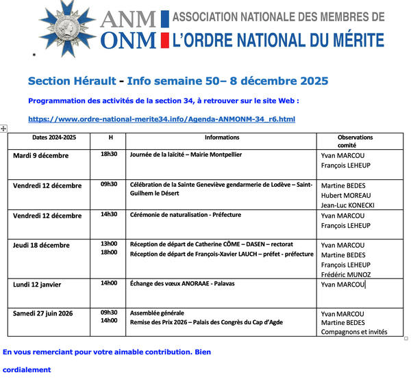 ANMONM 34 - Info semaine 49 - 2025