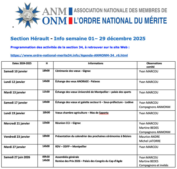 ANMONM 34 - Info semaine 01 - 2026