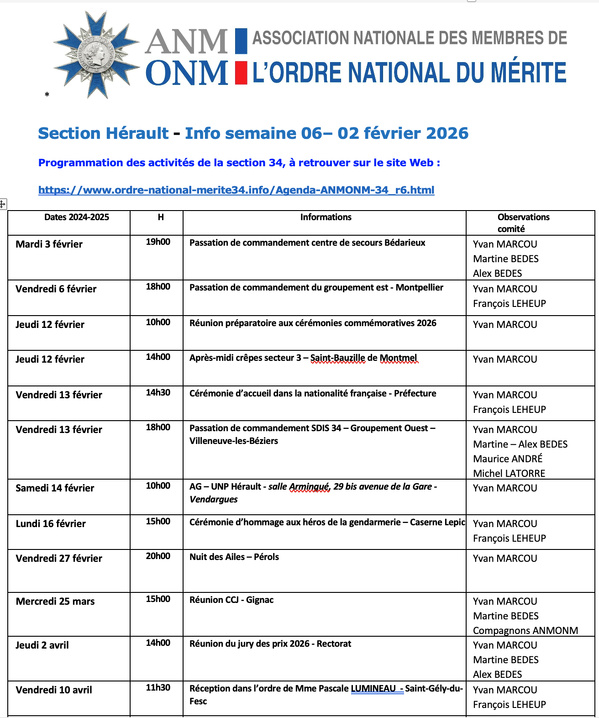 ANMONM 34 - info semaine 06 - 2026