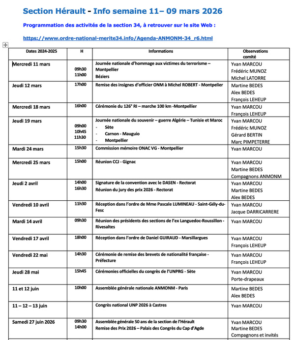 ANMONM 34 - Info semaine 11 - 2026