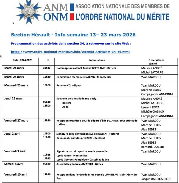ANMONM 34 - Info semaine 13 - 2026