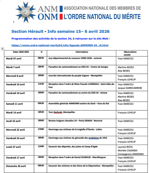 ANMONM 34 - Info semaine 15 - 2026