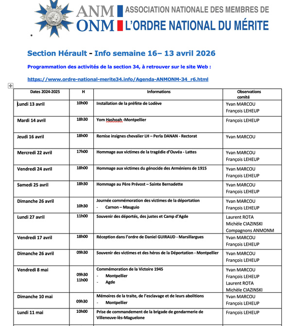 ANMONM 34 - Info semaine 16 - 2026