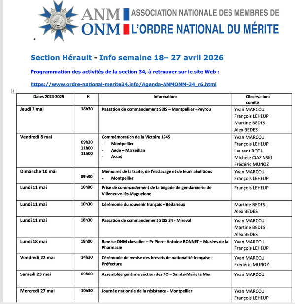 ANMONM 34 - info semaine 18 - 2026