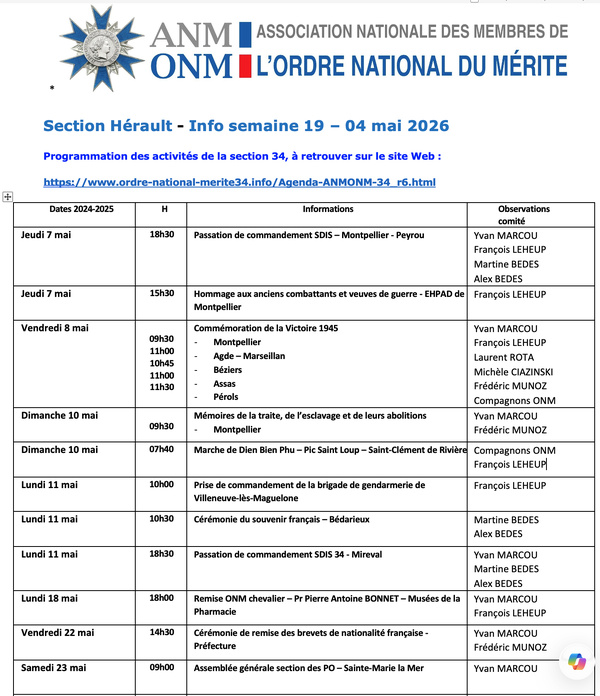 ANMONM 34 - info semaine 19 - 2026