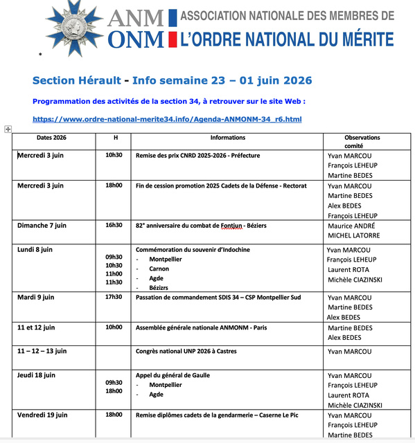 ANMONM 34 - info semaine 23 - 2026