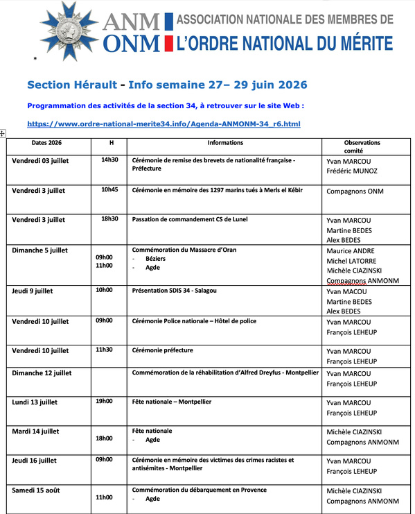 ANMONM 34 - Info semaine 27 - 2026