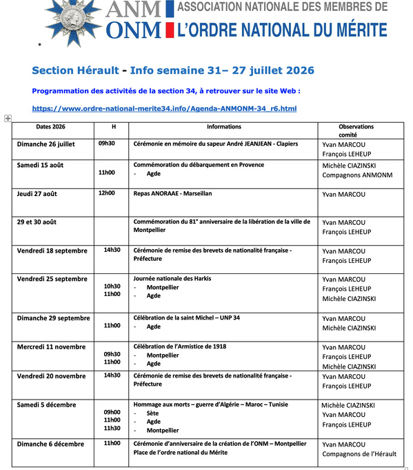 ANMONM 34 - info semaine 31 - 2026