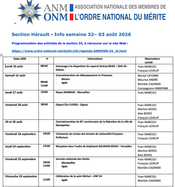 ANMONM 34 - info semaine 32 - 2026