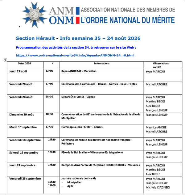 ANMONM 34 - info semaine 35 - 2026