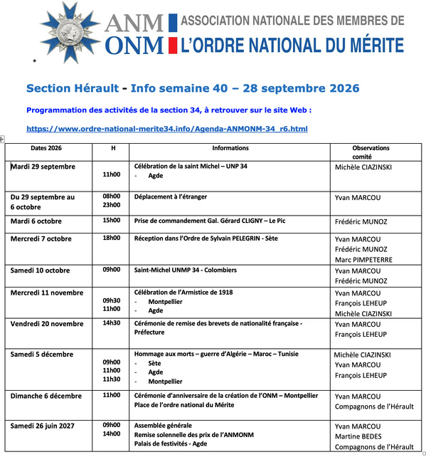 ANMONM 34 - info semaine 40 - 2026