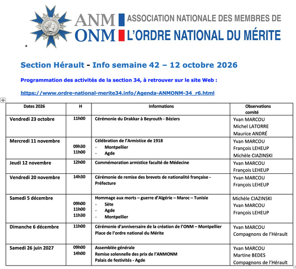 ANMONM 34 - info semaine 42 - 2026