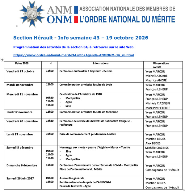 ANMONM 34 - info semaine 43 - 2026
