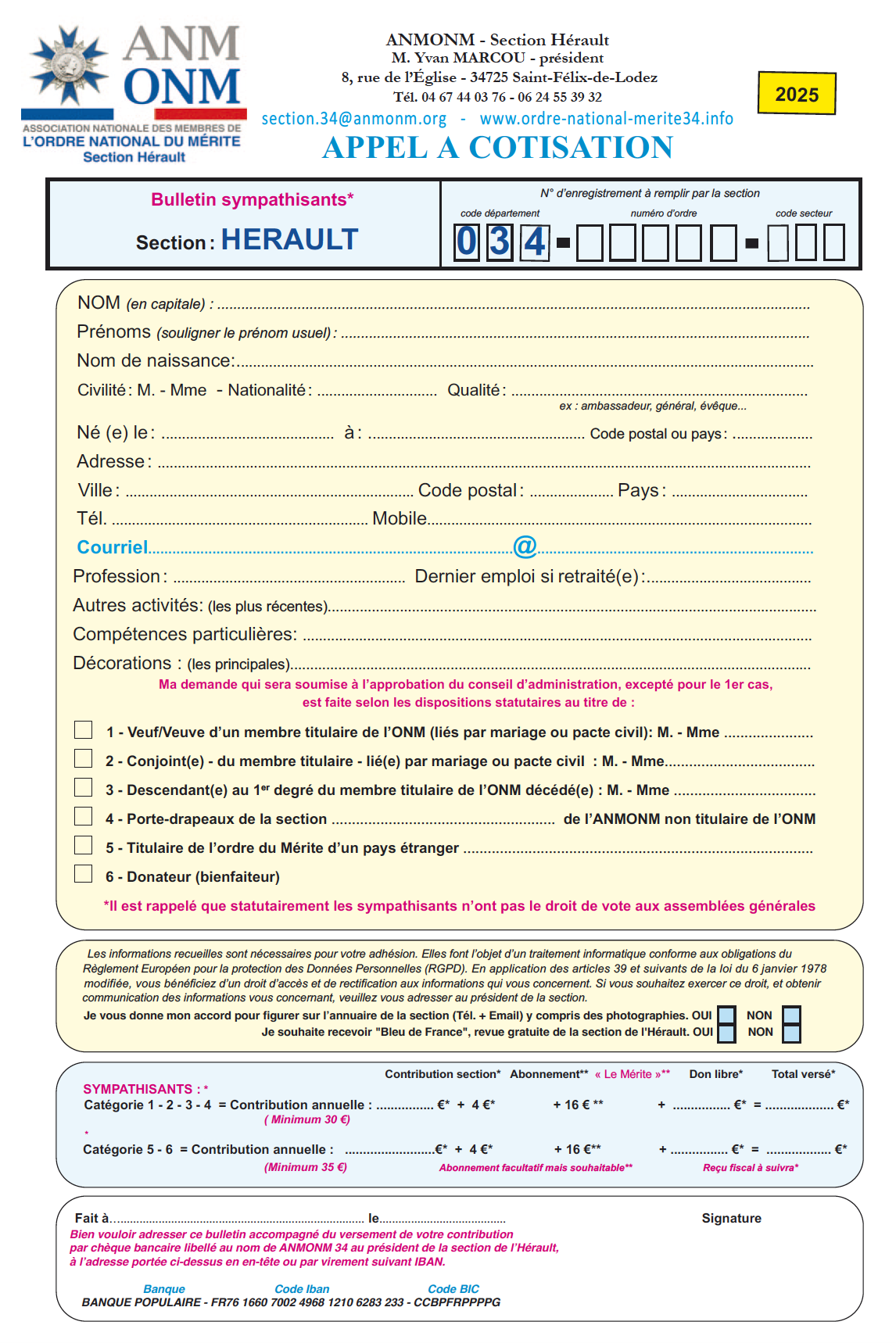 Appel à cotisation pour l'année 2025 Appel à cotisation pour l'année 2025