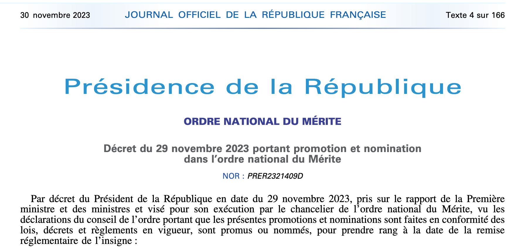 Décret du 29 novembre 2023 portant promotion et nomination dans l’ordre national du Mérite