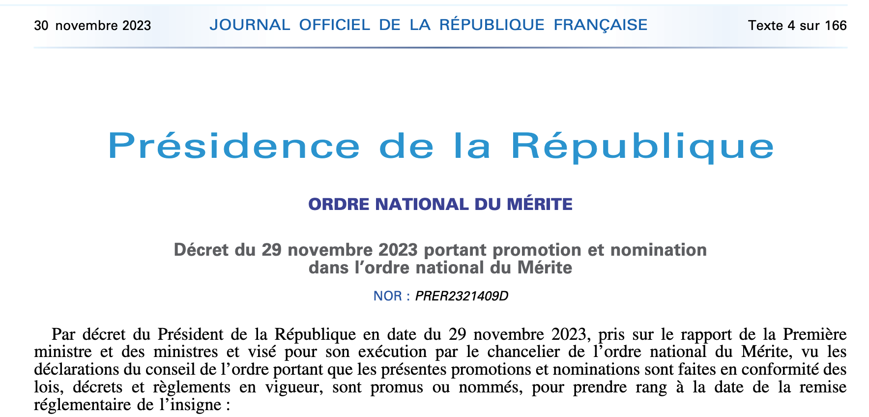 Décret du 29 novembre 2023 portant promotion et nomination dans l’ordre national du Mérite Décret du 29 novembre 2023 portant promotion et nomination dans l’ordre national du Mérite