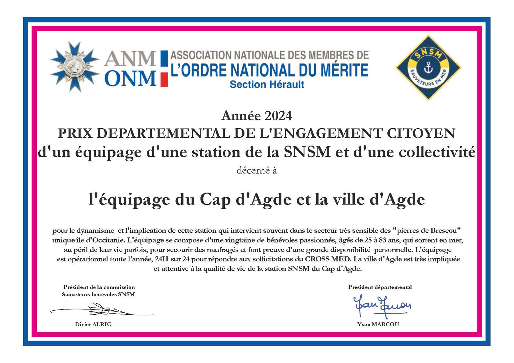 Prix de l'Engagement citoyen 2024 d'une collectivité d'un équipage d'une station de la SNSM et de la collectivité Prix de l'Engagement citoyen 2024 d'une collectivité d'un équipage d'une station de la SNSM et de la collectivité