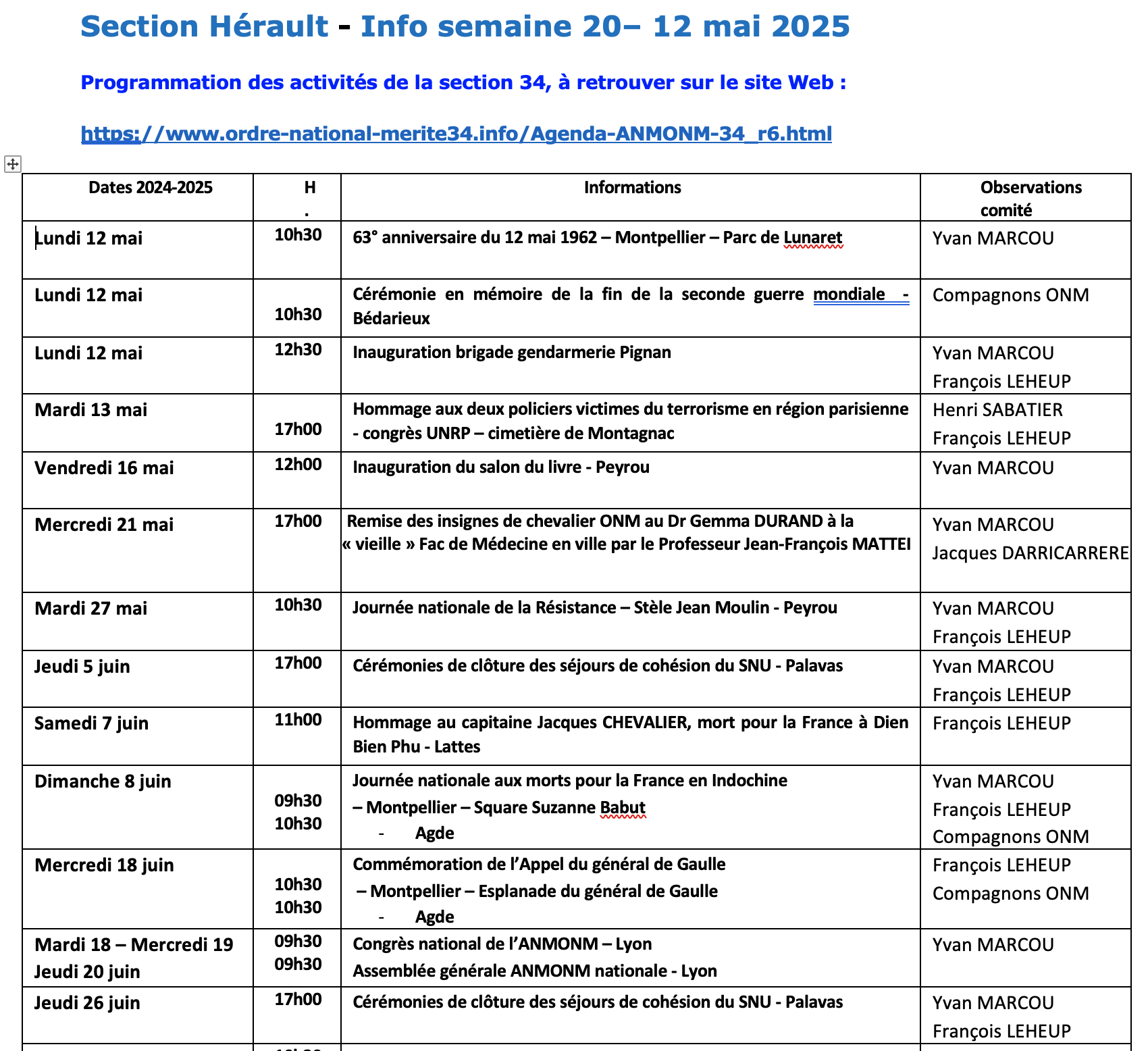 ANMONM 34 - Info semaine 20 - 2025